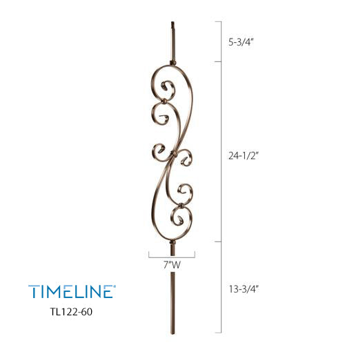 Barreau d'escalier en métal - Carré décoratif - Volutes - 1/2" x 44" - Acier forgé