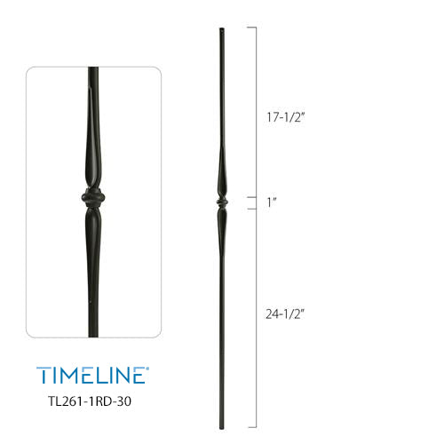 Balustre rond en acier forgé avec motif de toupie - Noir satin | Round baluster in forged steel with spinning top design - Satin black