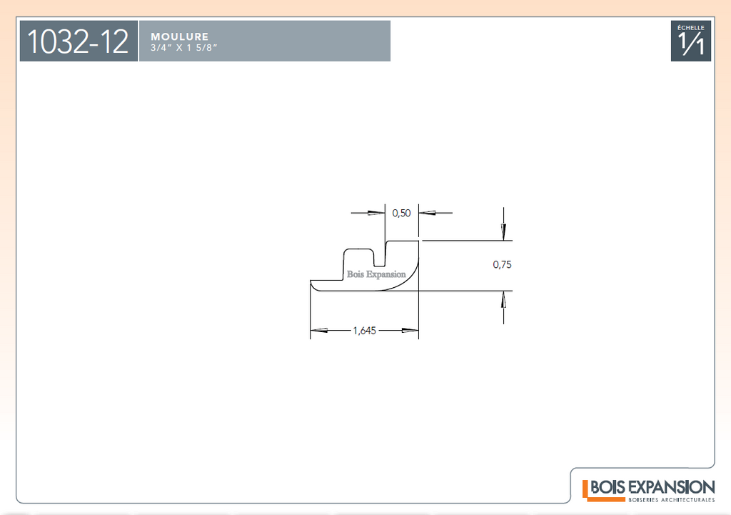 Réducteur - 1032-12 - Transition pour plancher 12 mm - 3/4 x 1-5/8 - Dessin technique | Wood reducer for 12 mm flooring - 1032-12 - Technical drawing