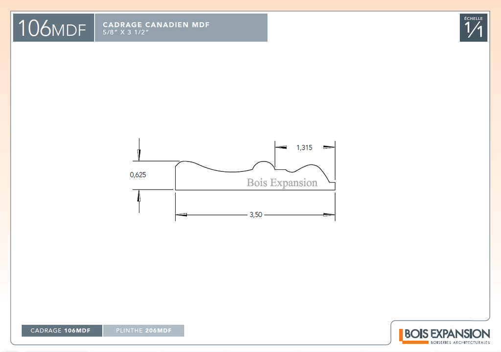 Cadrage en MDF - 106 Canadien (uni) - 5/8 x 3-1/2 - Dessin technique | MDF Casing - 106 Canadian (plain) - 5/8 x 3-1/2 - Technical drawing