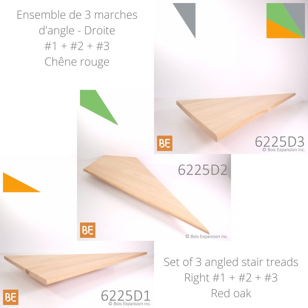 Ensemble de 3 marches d'angle - ESC6225 Nez arrondi - Chêne rouge - Vers la droite | Set of 3 angled stair treads - ESC6225 Rounded bullnose - Red oak - Right hand