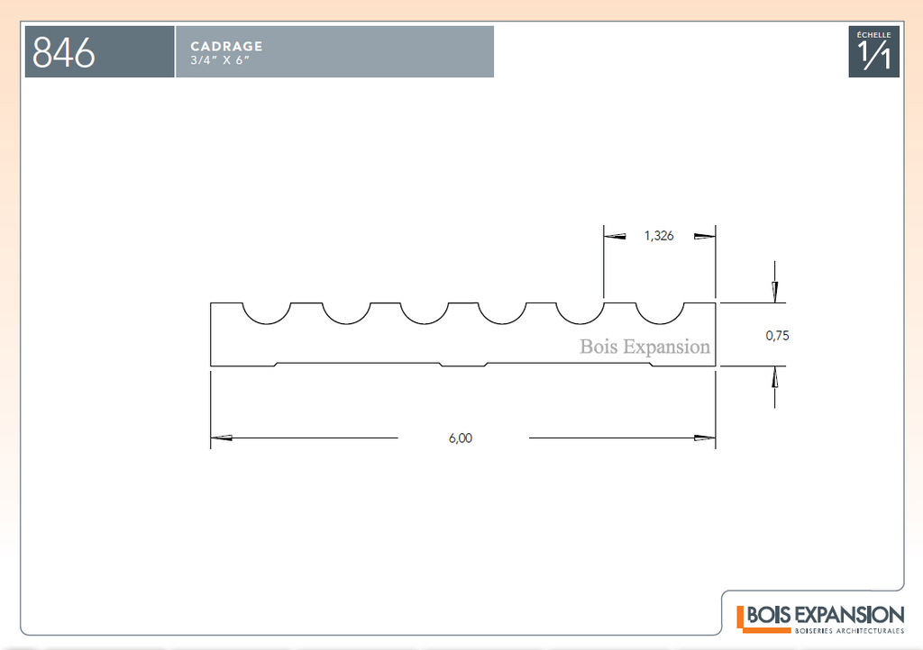 Cadrage en bois - 846 Doigts de dame - 3/4 x 6 - Dessin technique | Wood casing - 846 Fluted - 3/4 x 6 - Technical drawing