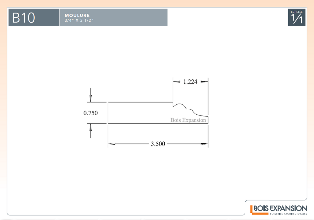 Cimaise en bois - B10 - 3/4 x 3-1/2 - Dessin technique | Wood casing - B10 - 3/4 x 3-1/2 - Technical drawing