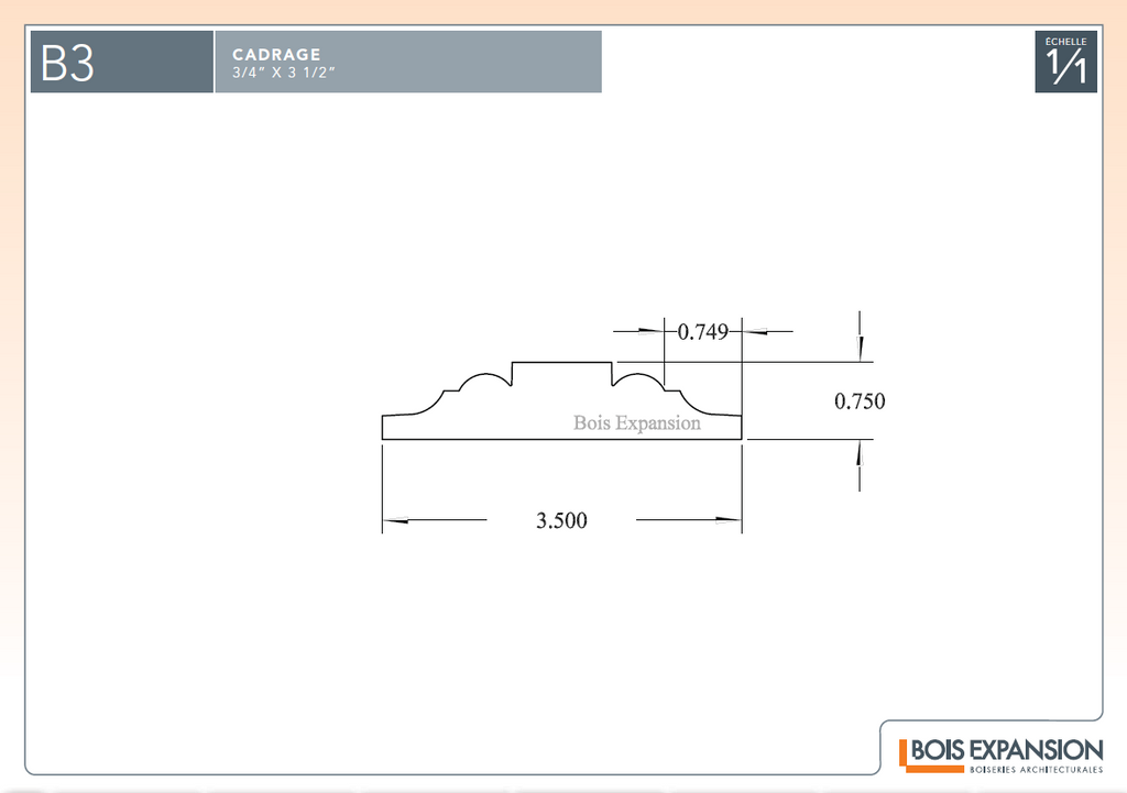 Cimaise en bois - B3 - 3/4 x 3-1/2 - Dessin technique | Wood chair rail - B3 - 3/4 x 3-1/2 - Technical drawing