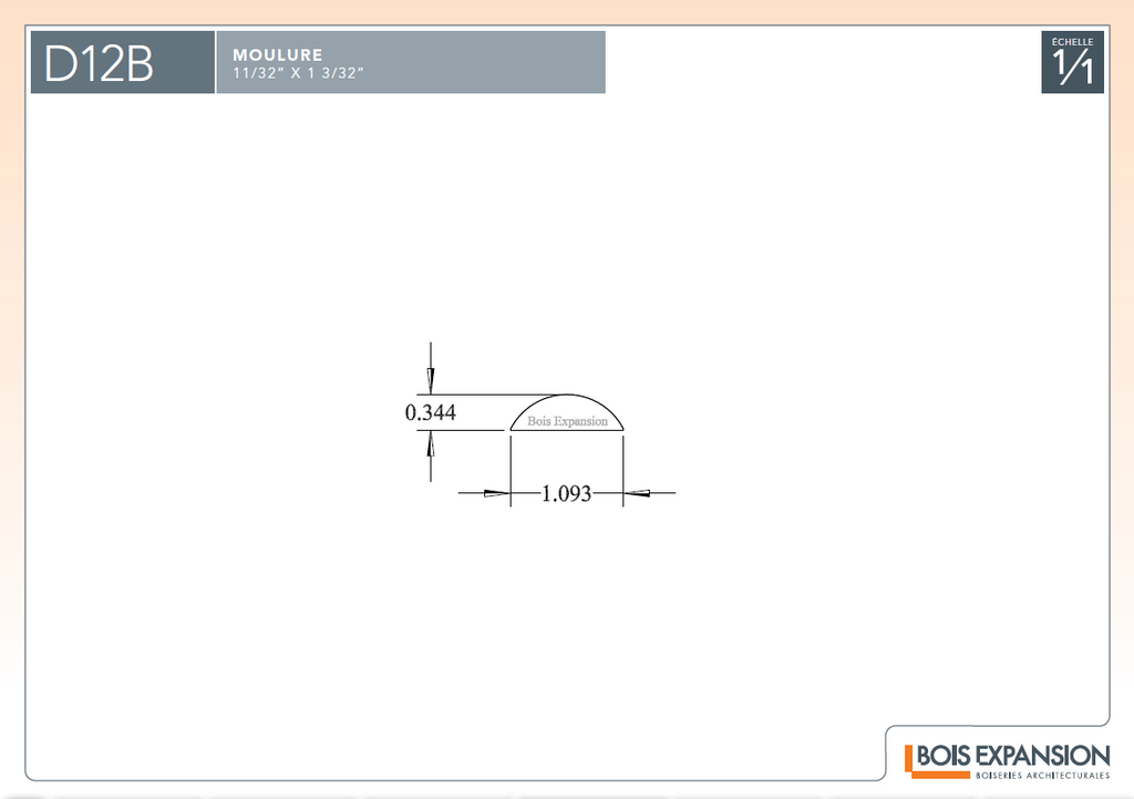 Demi-rond en bois - D12B - 3/8 x 1-1/8 - Dessin technique | Wood half round - D12B - 3/8 x 1-1/8 - Technical drawing