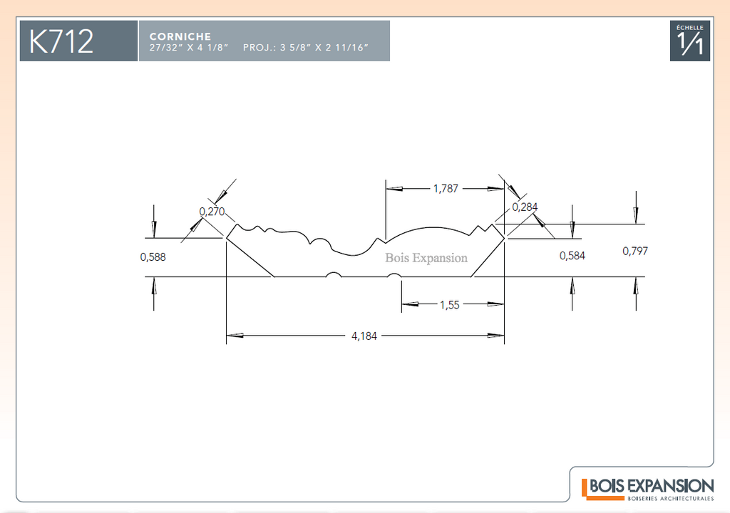 Corniche en bois - K712 - 27/32 x 4-1/8 - Dessin technique | Wood crown moulding - K712 - 27/32 x 4-1/8 - Technical drawing