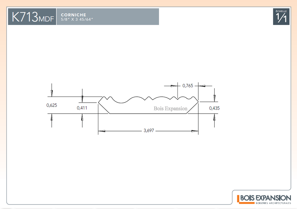 Corniche en fibre de bois - K713MDF - 5/8 x 3-3/4 - MDF - Dessin technique |  MDF crown moulding - K713MDF - 5/8 x 3-3/4 - Technical drawing