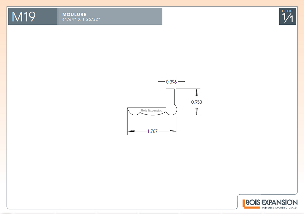 Coin extérieur en bois - M19 Vaudreuil - 7/8 x 1-3/4 - Dessin technique | Wood outside corner - M19 Vaudreuil - 7/8 x 1-3/4 - Technical drawing