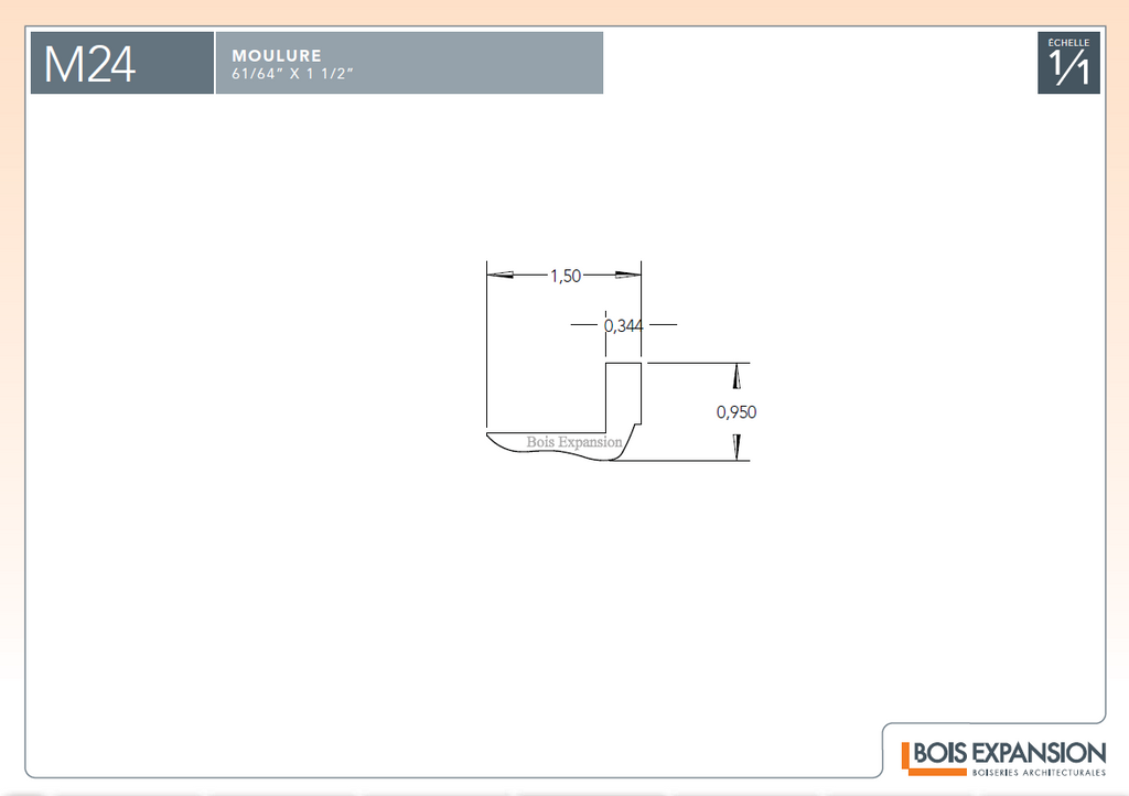 Coin extérieur en bois - M24 Laverdure - 7/8 x 1-1/2 - Dessin technique | Wood outside corner - M24 Laverdure - 7/8 x 1-1/2 - Technical drawing