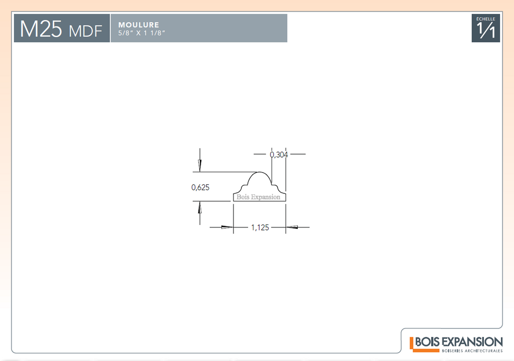 Astragale en fibre de bois - M25MDF Double gorge - 5/8 x 1-1/8 - MDF - Dessin technique | MDF astragal - M25MDF Double coves - 5/8 x 1-1/8 - Technical drawing