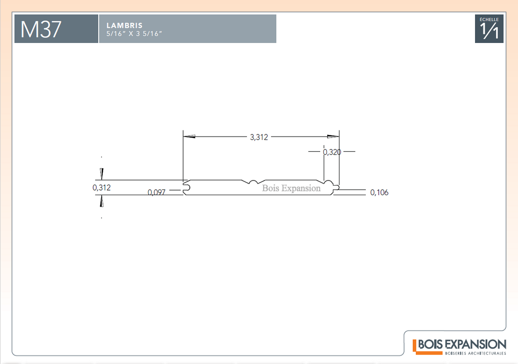 Planche murale en bois - M37 Lambris réversible - 5/16 x 3-3/8 - Dessin technique | Wood wainscot paneling - M37 Reversible - 5/16 x 3-3/8 - Technical drawing