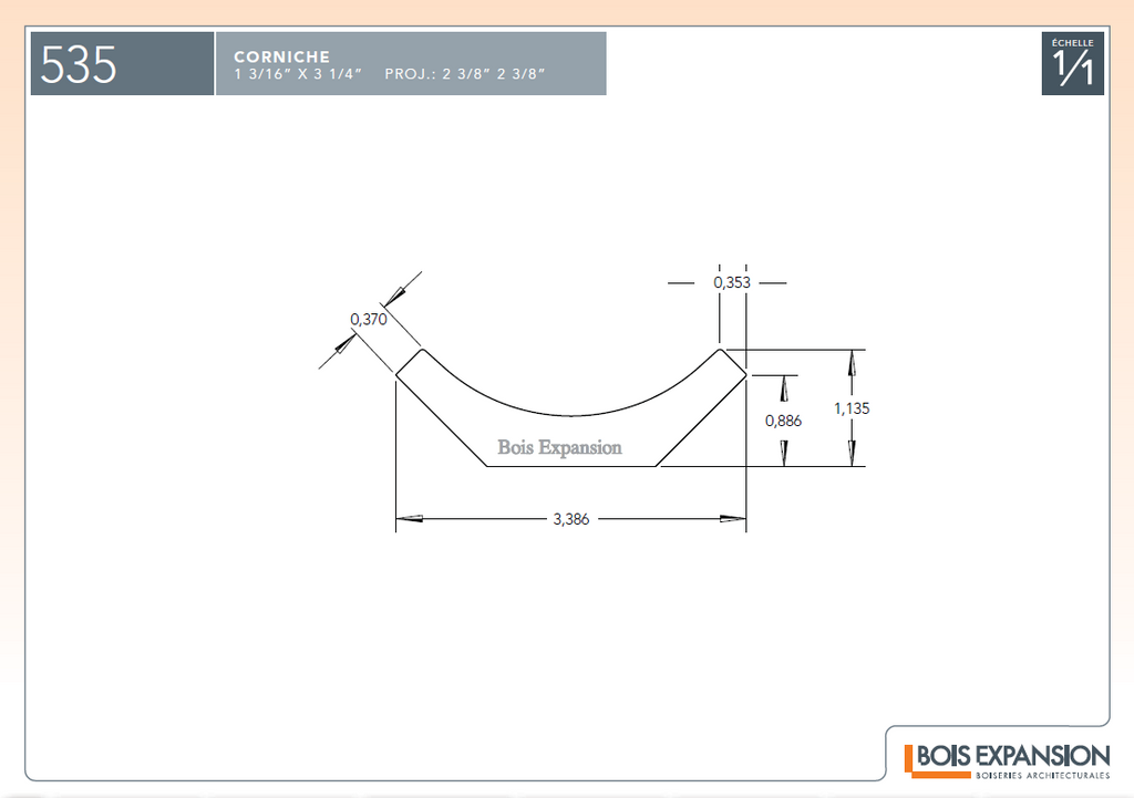 Corniche en bois - M535 Gorge - 1-1/8 x 3-3/8 - Dessin technique | Wood crown moulding - M535 Cove - 1-1/8 x 3-3/8 - Technical drawing