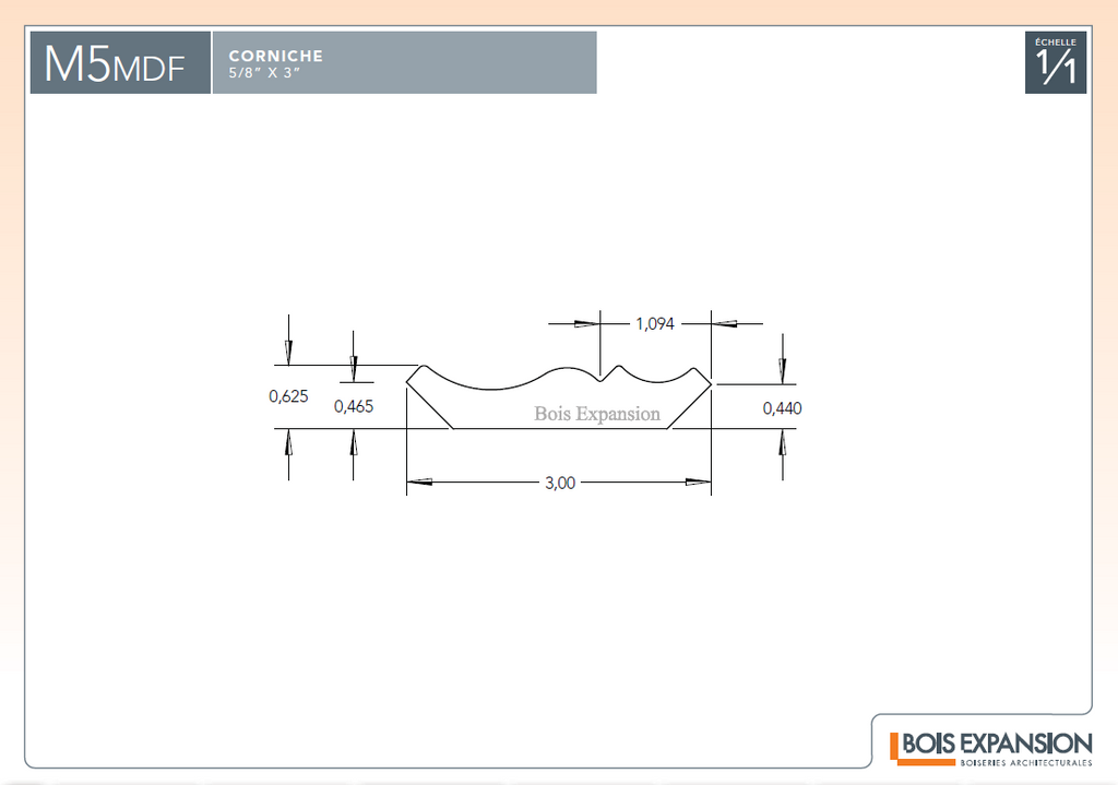 Corniche en fibre de bois - M5MDF Doucine - 5/8 x 3 - MDF - Dessin technique | MDF crown moulding - M5MDF - 5/8 x 3 - Technical drawing