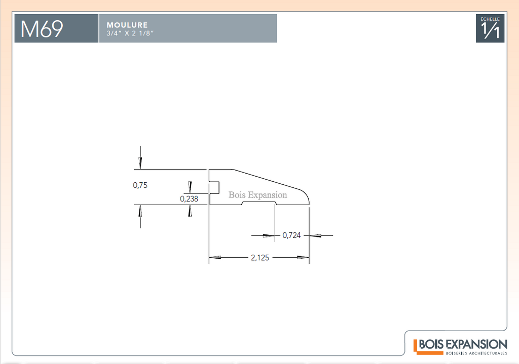 Réducteur à plancher en bois - M69 Transition pour plancher 3/4 - 3/4 x 2-1/8 - Dessin technique | Wood reducer for 3/4 flooring - 3/4 x 2-1/8  - Technical drawing