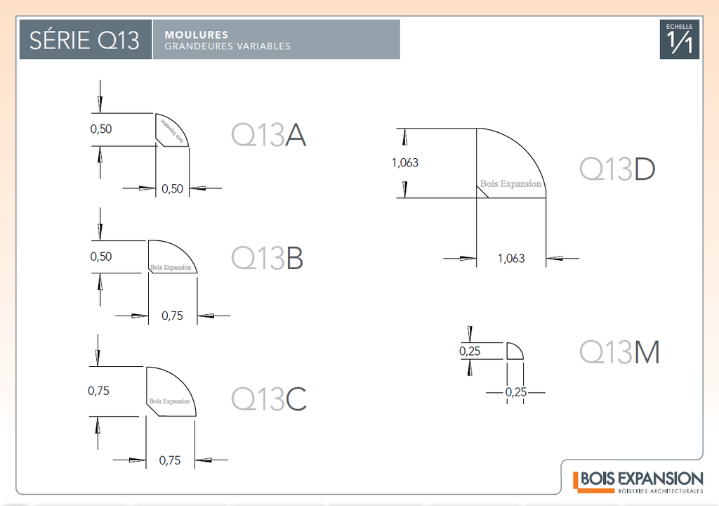 Quarts-de-rond en bois - Q13 (5 modèles) - Dessins techniques | Wood quarter rounds - Q13 (5 models) - Technical drawings